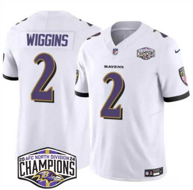 Mens Baltimore Ravens #2 Nate Wiggins White F.U.S.E 2024 AFC North Division Champions Vapor Limited Jersey